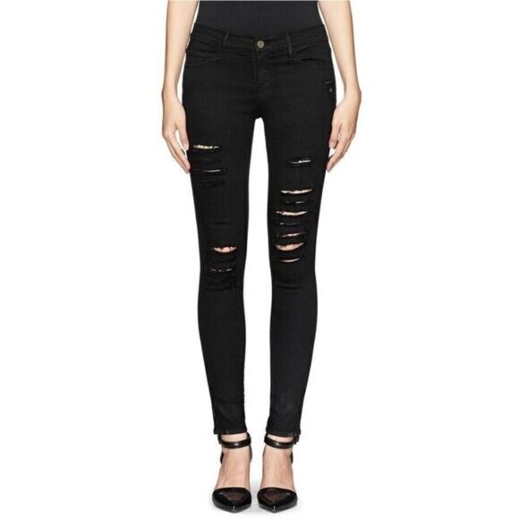 Frame Denim Denim - Frame Denim Le Skinny de Jeanne Distressed Black Jeans in Film Noir